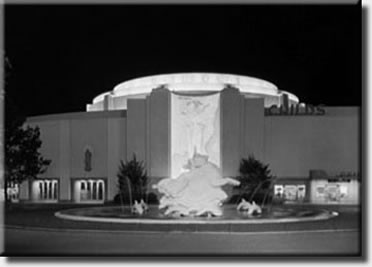 Night photo of the Railroad building at the 1939 New York World's Fair