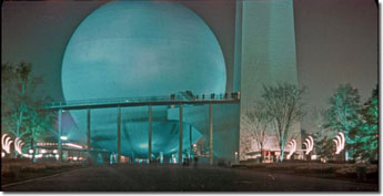 Trylon and Perisphere at night - Theme Center