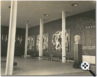 Panels inside the Brazilian pavilion by artist Candido Portinari